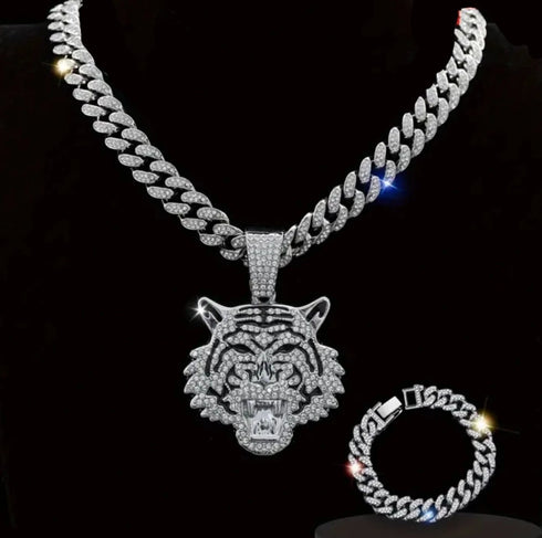 3 Pc Iced Out 14K Gold Plated CZ Tiger Head Pendant & Cuban Chain Necklace & Bracelet
