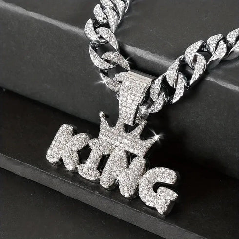 3-Pcs FULLY ICED 14K White Gold Plated CZ Crowned King Cuban Necklace & Bracelet
