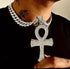 3-Pcs Iced 14K Gold Plated CZ Large Ankh Cross Pendant with Cuban Necklace & Bracelet