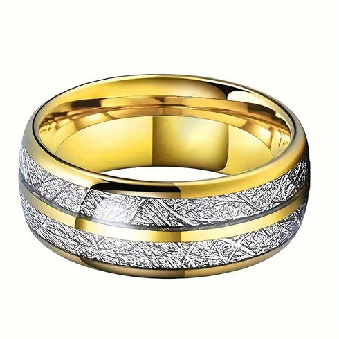 Men's 8mm Tungsten Yellow Gold Double Line Meteorite Inspired Domed Band