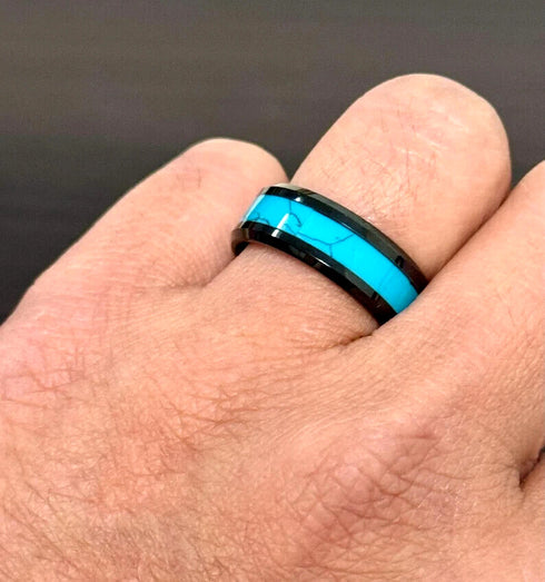 Men 8mm Tungsten Black Turquoise Beveled-Edge Comfort-Fit Polished Wedding Band