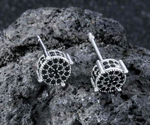 Micro Pave 14K White Gold Plated Black Cubic Zirconia Men Women Cluster Earrings