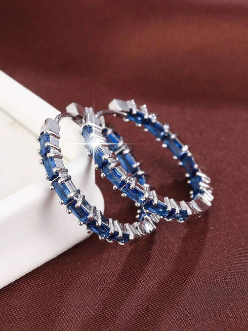 14K White Gold Plated Unique Blue Baguette Cubic Zirconia Women Hoop Earrings