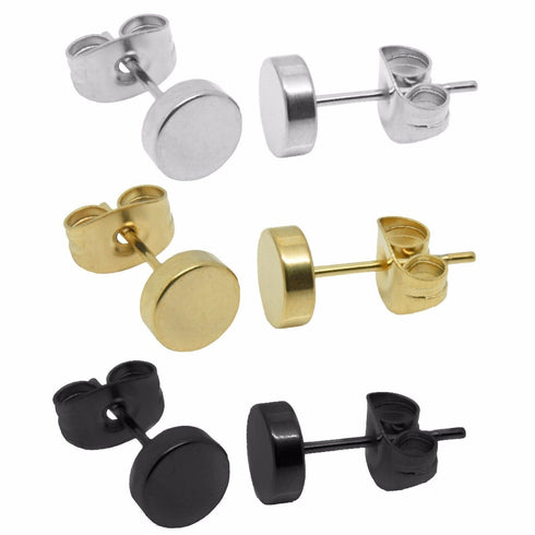 3Pairs 316L Surgical-Steel Flat Round Black Silver Gold Men Women Stud Earrings