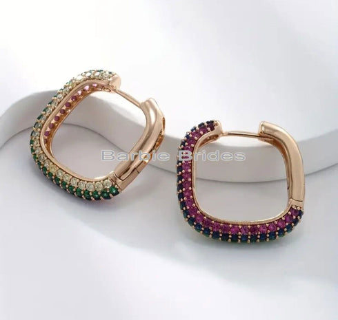 Multicolor Micro Pave 14K Gold Plated Cubic Zirconia Women U-Shape Hoop Earrings