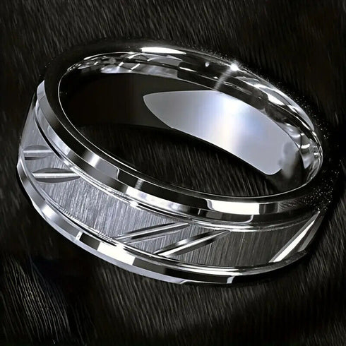 Avant-Garde Comfort-Fit Brushed Custom Cut Groove 8mm Tungsten Wedding Band