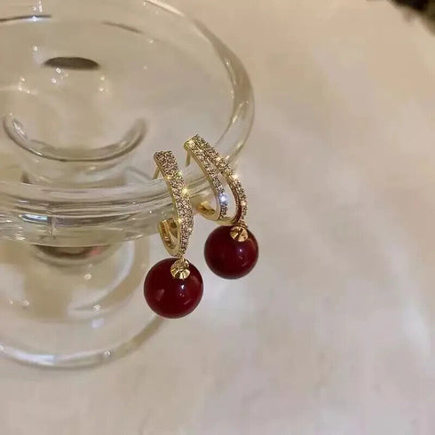 Stunning Red Pearl Drop 14K Gold-Plated Cubic Zirconia Women Earrings