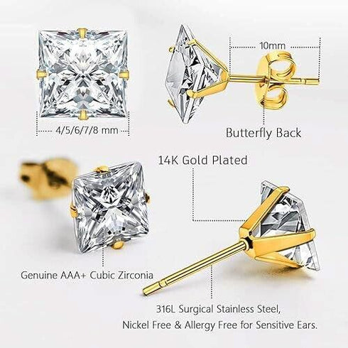 5Pair 316L Surgical Steel Gold Plated CZ 4/5/6/7/8mm Solitaire Men Women Earring