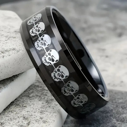 Men 8mm Titanium Black/Blue Laser Skull Carbon Fiber/Matte Black CZ Wedding Band