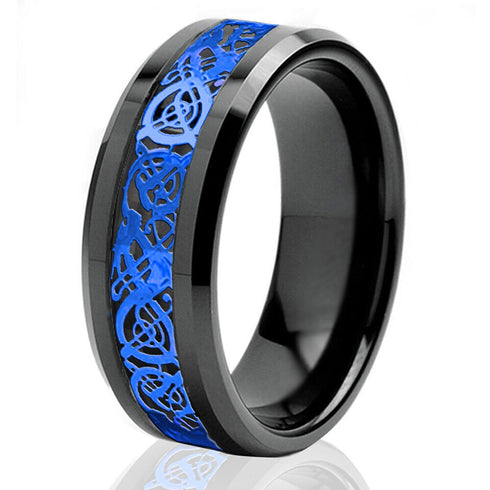 Men's 8mm Beveled Edge Comfort-Fit Blue Celtic Dragon Tungsten Wedding Band Ring
