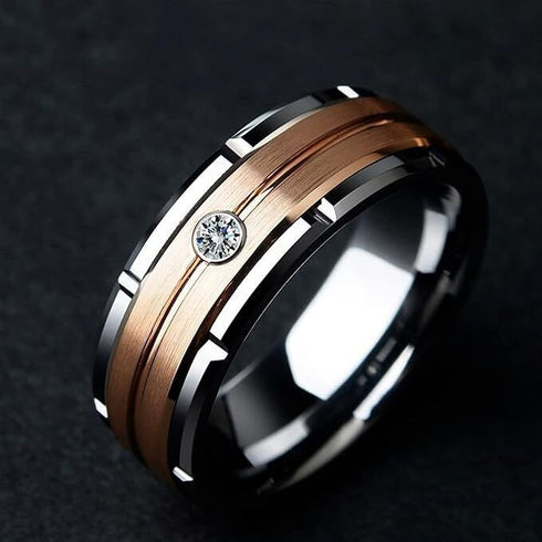 Men 8mm Titanium Steel Carving Pattern 2-Tone Silver Rose Zirconia Wedding Band