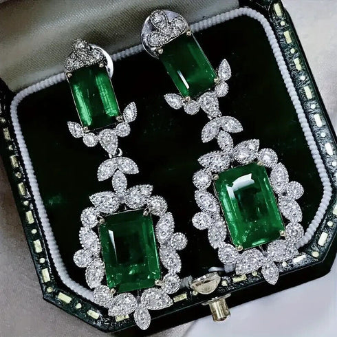 Luxury Green Dangle 18K White Gold-Plated Cubic Zirconia Bridal Earrings
