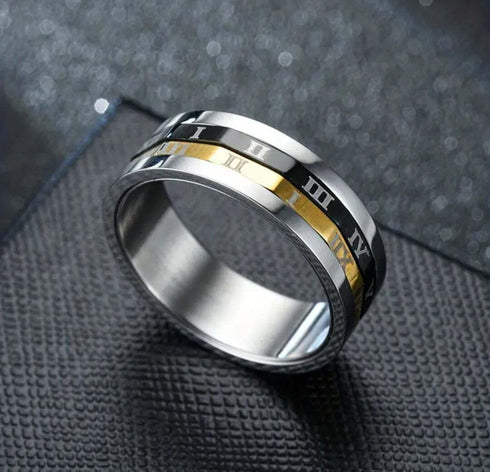 Men's 8mm Titanium Roman Numeral Tri-Color Rotatable Polished Cool Wedding Band