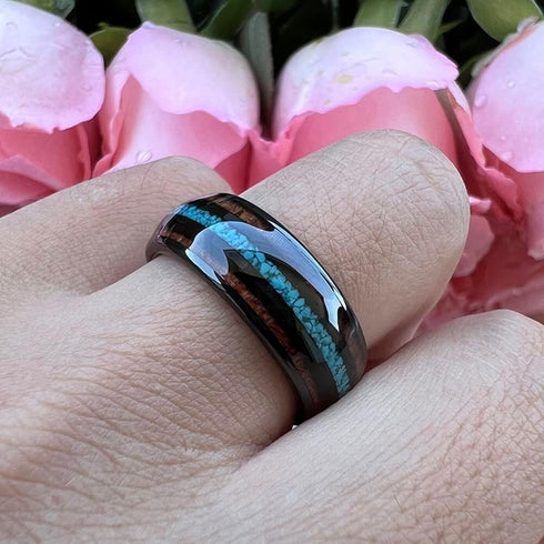 Men's 8mm Tungsten Carbide Crushed Turquoise Koa Wood Comfort-Fit Wedding Band