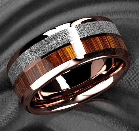 Men 8mm Tungsten Rose Gold Plated Silver &Koa Wood Inlay Engagement Wedding Band