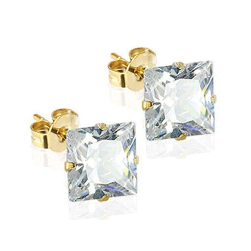 3 Pairs 14K Gold Plated Square Cubic Zirconia Solitaire Men Women Stud Earrings