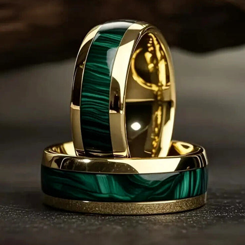 Men's 8mm Titanium Gold Fabricated Malachite Inlay Comfort-Fit Wedding Band