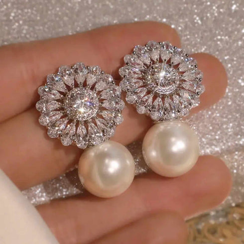 Stunning White Pearl Floral 18K White Gold-Plated Cubic Zirconia Bridal Earrings