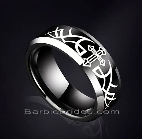 Men's 8mm Tungsten Black Etched Cross Tribal Pattern Comfort-Fit Wedding Band