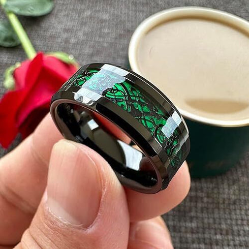 Beveled Edge Comfort-Fit Green Celtic Dragon 8mm Tungsten Wedding Band