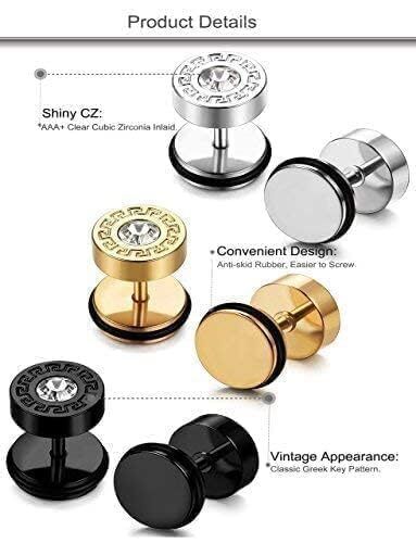 316L Surgical Steel Round Greek Pattern CZ Barbell Men & Women Stud Earrings