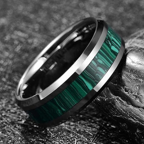 Men 8mm Tungsten Beveled Edge Comfort-Fit Fabricated Malachite Inlay Wedding Band