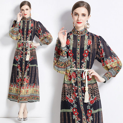 Gorgeous & Alluring Floral Print, Stand Collar, Long Lantern Sleeve Party, Festival, Wedding Guest Vintage Maxi Dress