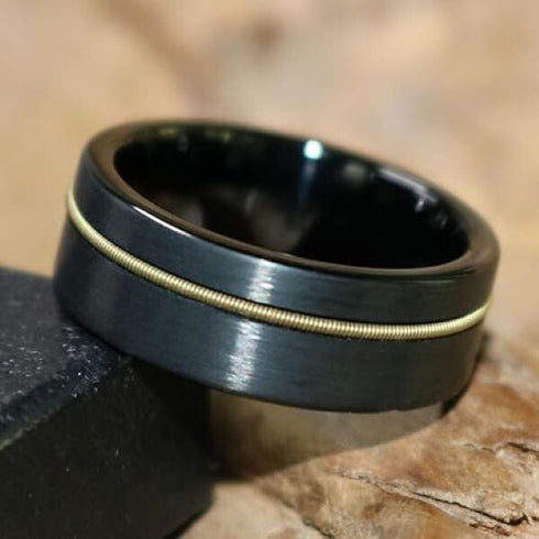 Men 8mm Black Brushed Tungsten Light Gold Guitar String Comfort-Fit Wedding Band