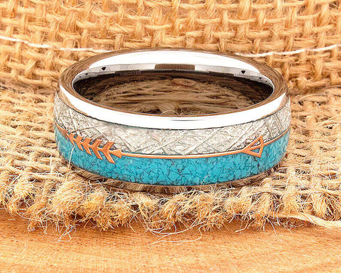 Men's 8mm Tungsten Cupid's Arrow Turquoise Meteorite Inspired Comfort-Fit Band