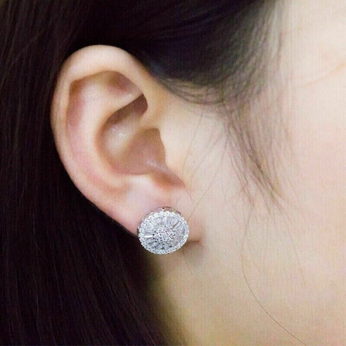 Baguette 18K White Gold Plated Round Cut Cubic Zircon Men Women Cluster Earrings