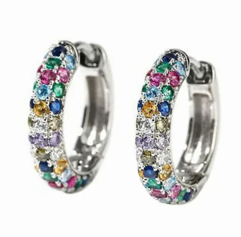Multicolor Paved 14K White Gold Plated Cubic Zirconia Women Huggie Hoop Earrings