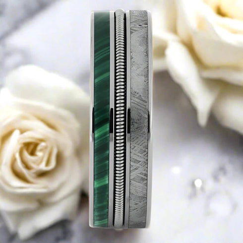 Men's 8mm Titanium Guitar String Malachite & Meteorite Comfort-Fit Wedding Band