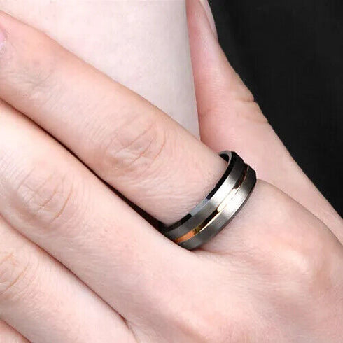 Men's 8mm Tungsten Silver Brushed Black Edge Golden Groove Wedding Band