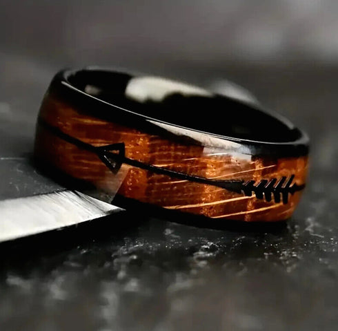Men's 8mm Tungsten Cupid's Arrow Whiskey Barrel Wood Comfort-Fit Wedding Band