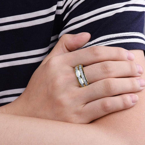 Men's 8mm Tungsten Yellow Gold Double Line Meteorite Inspired Domed Band