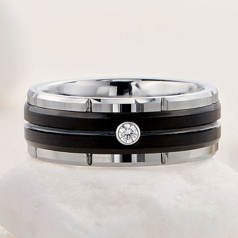 Brushed Black Silver Groove CZ Comfort-Fit 8mm Tungsten Wedding Band