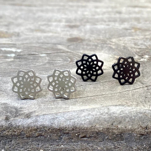 2 Pairs Titanium Steel Black Silver Lotus Mandala Flower Men Women Stud Earrings
