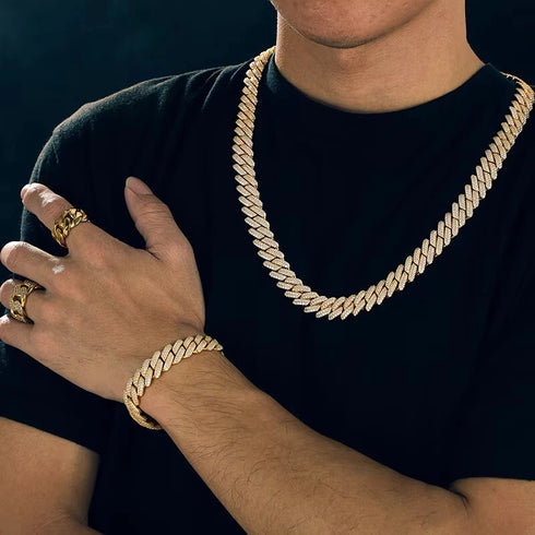 2-Pc Men FULLY ICED Thick 14K Gold Plated CZ Miami Cuban Link Necklace+Bracelet