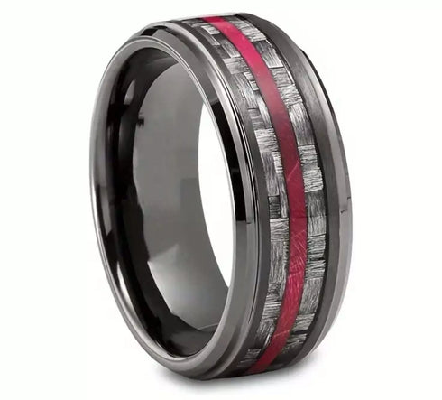 Men's 8mm Tungsten Gunmetal Red Strip Comfort-Fit Engagement Wedding Band