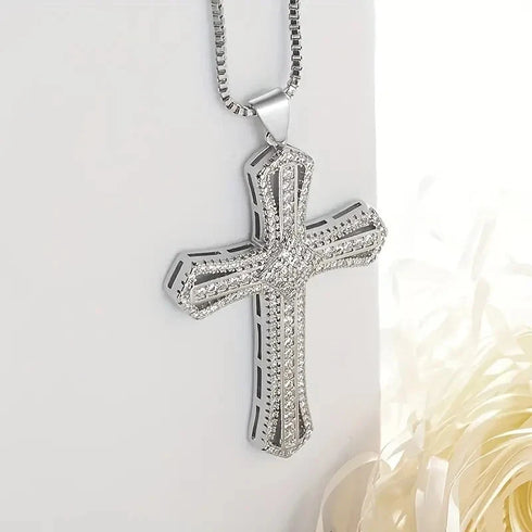 Iced Out Bling 14K Gold Plated Cubic Zirconia Blessed Cross Pendant Necklace