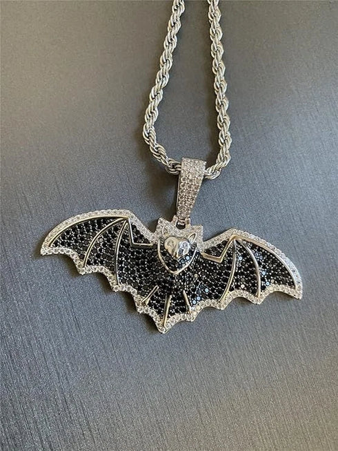 Iced Out Paved 14K White Gold Plated Cubic Zirconia Black Bat Pendant Necklace