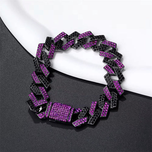 2Pc FULLY ICED Bling Rhodium Plated Purple Black CZ Cuban Link Necklace+Bracelet