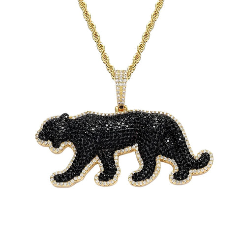 Iced Out 14K Gold Plated Cubic Zirconia Black Jaguar Panther Pendant Necklace