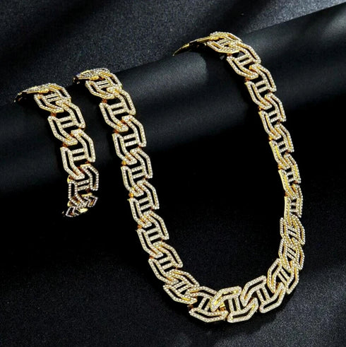 2-Pc ICED OUT Tiger Head 14K Gold Plated CZ Wide 'H' Shape Cuban Chain Necklace