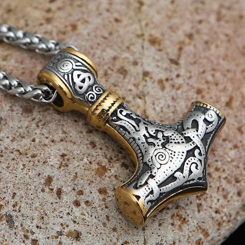 Nordic Viking Wolf Head Thor's Hammer Men Women Mjolnir Necklace & Bracelet Set