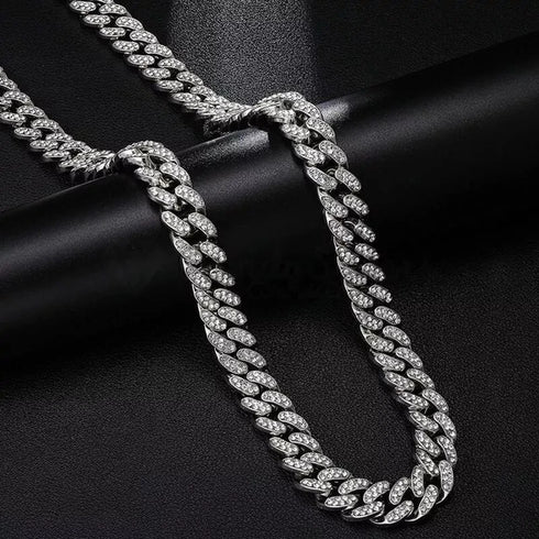 2Pc FULLY ICED 14K White Gold Plated CZ Miami Cuban Link Chain Necklace & Bracelet