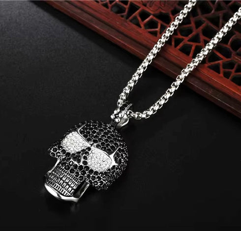 Iced Out 14K White Gold Plated Cubic Zirconia Sugar Skull Head Pendant Necklace