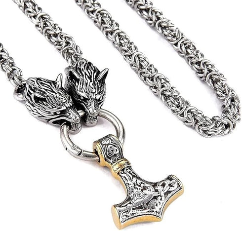 Titanium Norse Viking Twin Wolf Thor Hammer Pendant Necklace