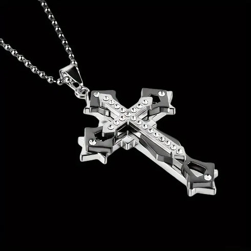 Titanium Creative Multi-Layer Cubic Zirconia Cross Pendant Necklace