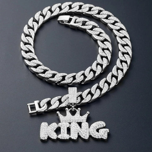 3-Pcs FULLY ICED 14K White Gold Plated CZ Crowned King Cuban Necklace & Bracelet